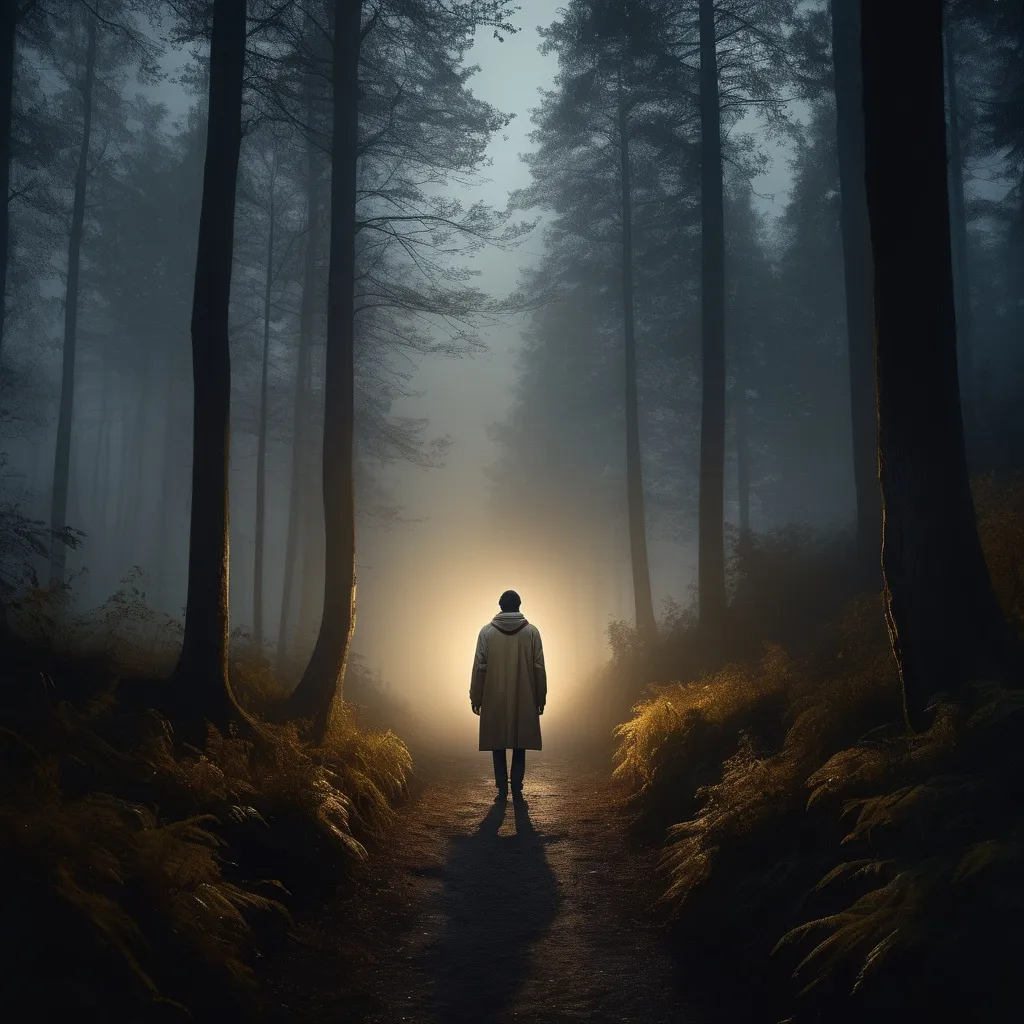 Prompt: A lone person standing on a narrow forest path at night, surrounded by tall trees and soft mist. The path is dark, but a warm golden light glows faintly in the distance. The person is wearing a light-colored coat and looks forward with hope. Cinematic lighting, soft fog, mysterious and emotional atmosphere, highly detailed, photo-realistic, 16:9 aspect ratio
