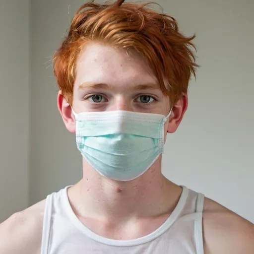 Prompt: Teenage boy with red hair, wearing a white tank top and a face mask, and no shirt 
