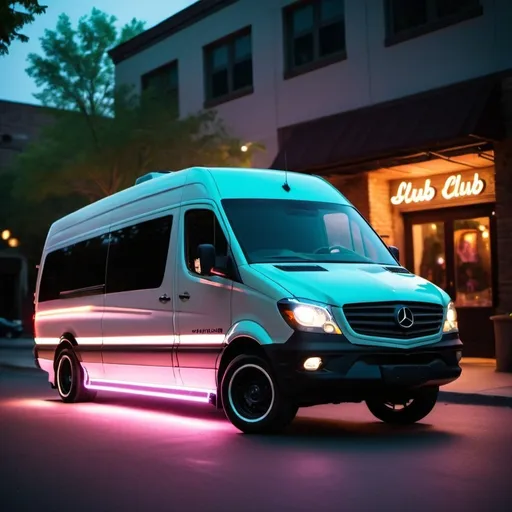 Prompt: Sprinter van on in front of a club with soft glow. Nature and urban environment. Make it suped up and add lots of natural and include paparazzi and fans.