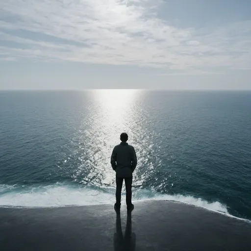 Prompt: a person standing at the edge of a vast ocean, contemplating the horizon.