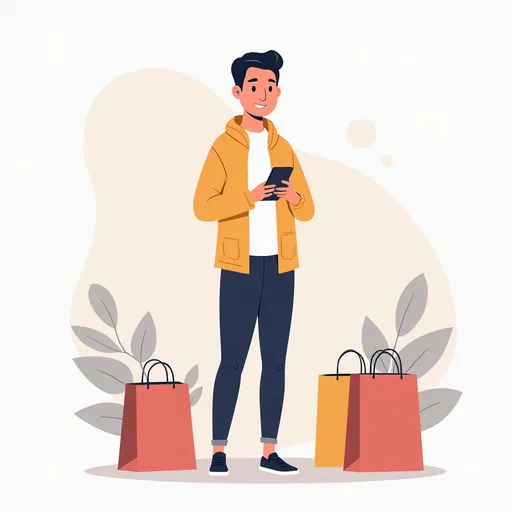 Prompt: “Design a modern flat illustration of a young adult casually dressed, standing beside shopping bags and holding a smartphone. The background should feature subtle abstract shapes and pastel gradients to evoke a futuristic ecommerce vibe. The person should have a friendly expression, as if exploring products or tracking an order on their phone. The scene should give the feel of shopping convenience and trust. Keep the style minimal and colorful, with clean lines and soft shadows — no brand logos or real-world references.”