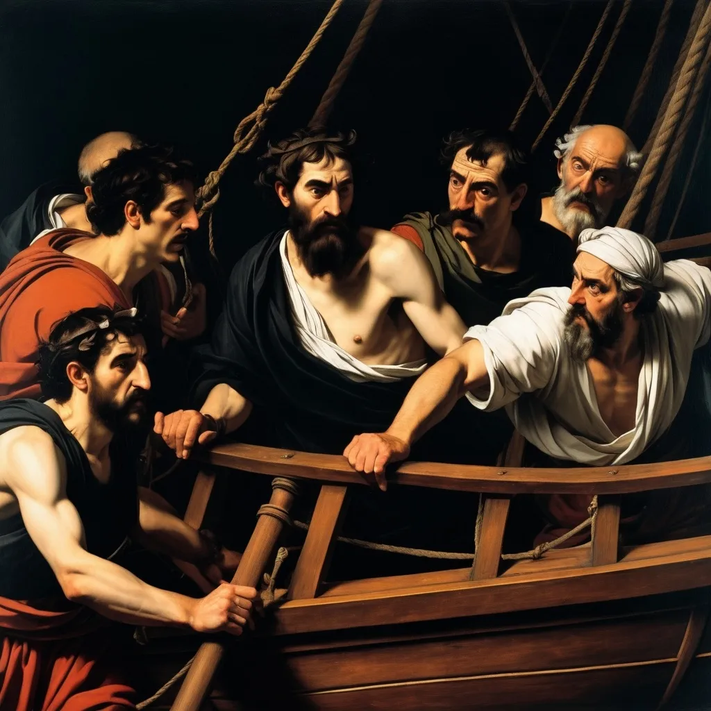 Prompt: a Group of men driving a ship a greek ancient one as if painted by Caravaggio
