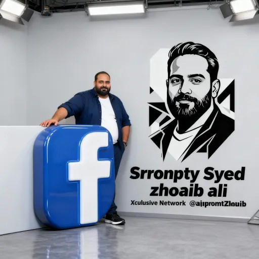 Prompt: Photo-realistic 8K full-body portrait of this south asian little chubby man I'm the above image,leaning on the light grey wall striking a stylish pose with one hand in the pocket and the other resting on a big 3d glossy facebook logo resting on glossy grey floor , white light grey studio background, he is wearing a Navy blue shirt over white t-shirt dress with black sneakers. On the wall next to him, create a bold black-and-white stylized vector portrait of the same man with modern geometric elements. Below the graphic, add clean bold text: 'Prompt Syed zohaib ali  ' in large letters, and beneath it, 'Xclusive Network  @aipromptZohaib' in smaller font.bright and clean professional ighting  studio quality. Mood: modern, minimalistic, premium personal branding aesthetic."