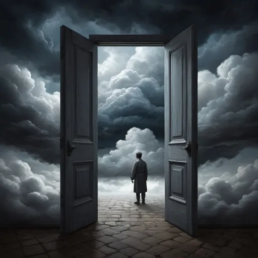 Prompt: 
Create an image that represents the scenario described below: refusal of the Call (The Clouds - As Nuvens)

Style: Mythological Realism
Colors: Muted greys and blues
Symbols: Shadows, closed door, stormy sky
Description: Dark and light clouds with hidden faces of doubt, portraying hesitation.