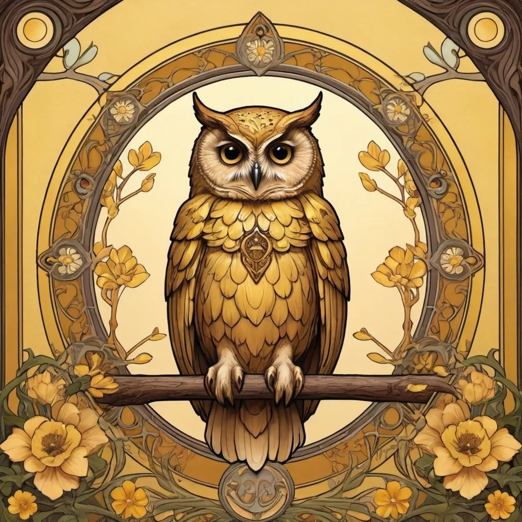 Prompt: 
Create an image that represents the scenario described below: Meeting the Mentor (The House - A Casa)

Style: Art Nouveau
Colors: Warm yellows and golds
Symbols: Owl, wise elder, book
Description: A wise elder in a sacred place, illuminated with warm tones, and surrounded by intricate floral designs.