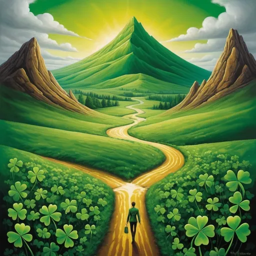 Prompt: Create an image that represents the scenario described below The Call to Adventure (The Clover - O Trevo)

Style: Surrealism
Colors: Bright greens and golds
Symbols: Fork in the road, distant mountain, beckoning figure
Description: A path diverging into an otherworldly landscape, with vibrant greens and golds.