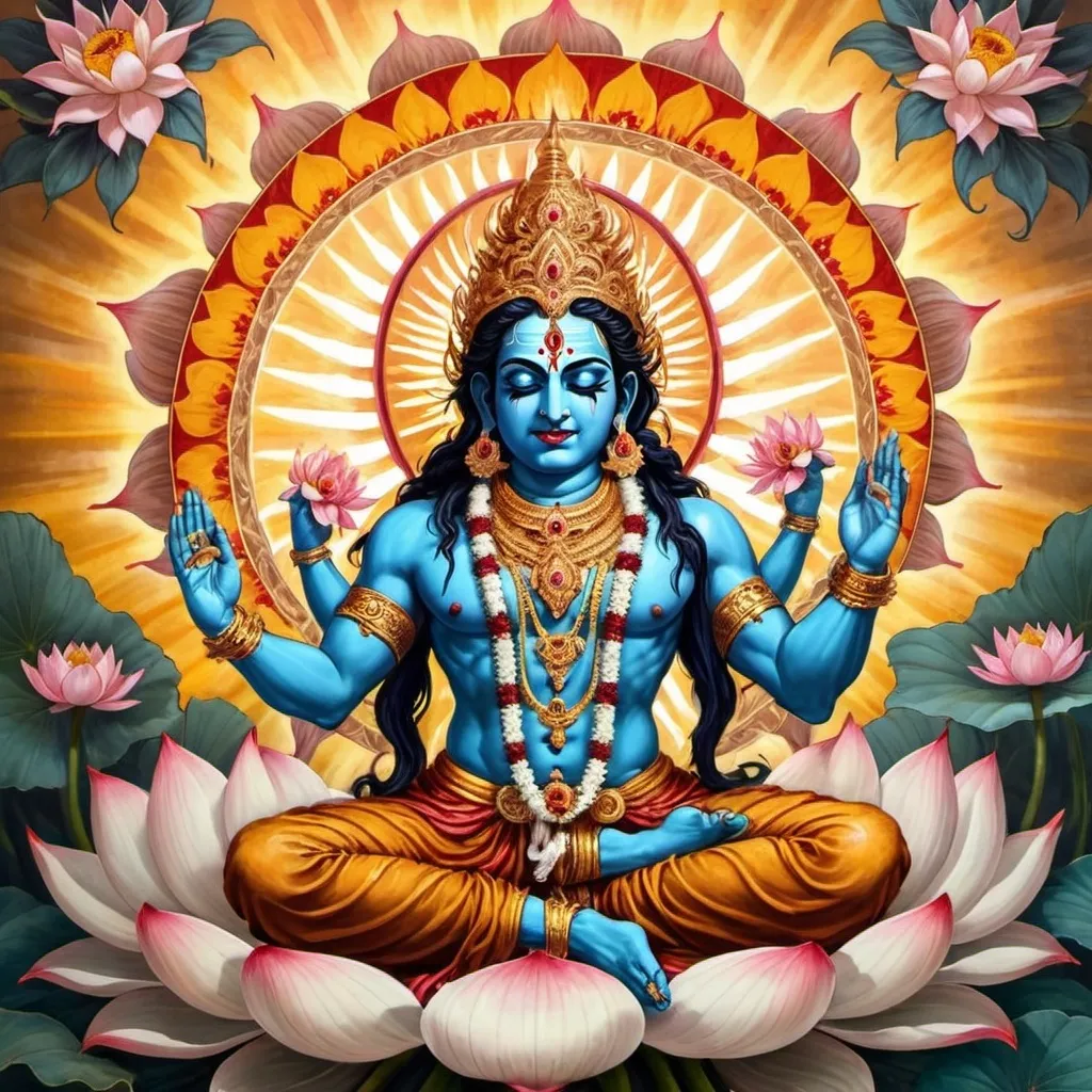 Prompt: Create scenarios/images that represent these ideas Death (Kali)
The Sun (Surya)
Archetype: Vitality, clarity, enlightenment.
Description: Surya, the radiant sun, brings warmth and illumination. The Sun dispels darkness.
Quote: “Within light, all paths converge.”
Artwork: Surya with golden rays, surrounded by lotus blossoms.
