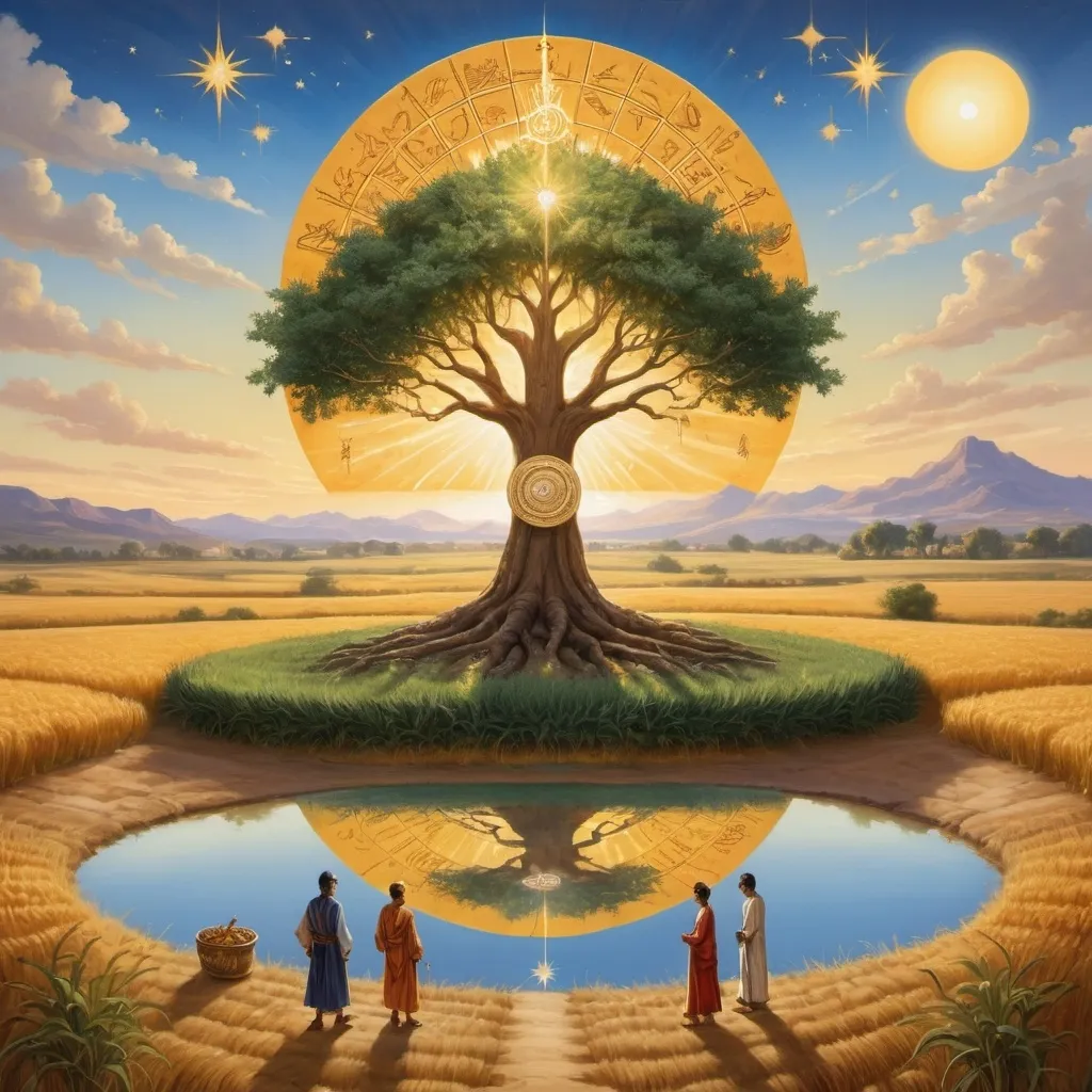 Prompt: {
  "prompt": "A vast golden wheat field ready for harvest under a clear blue sky with dissipating clouds. To the left, a calm lake reflects a sunset, balancing light and shadow, symbolizing Yin and Yang. Near the lake, a contemplative figure looks towards the horizon. In the center, a majestic tree with lush leaves and fruits represents different life stages. Around the tree, figures at various life stages, showing the integration of experiences. To the right, an alchemist works in a lab with fire, gold, and alchemical symbols, representing inner transformation. Above, a bright star guides three figures through a desert landscape, symbolizing hope and guidance. In the distant background, a slowly turning wheel of fortune with figures around it, symbolizing the transition from karma to dharma and the realization of justice and renewal.",
  "size": "1792x1024"
}
