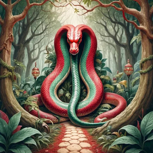 Prompt: Create an image that represents the scenario described below: Tests, Allies, and Enemies 
(The Snake - A Cobra)
Style: Surrealism
Colors: Contrasting reds and greens
Symbols: Forest path, mythical beasts, magical helpers
Description: A dense forest path with hidden dangers and helpful creatures, depicted in a surreal manner.