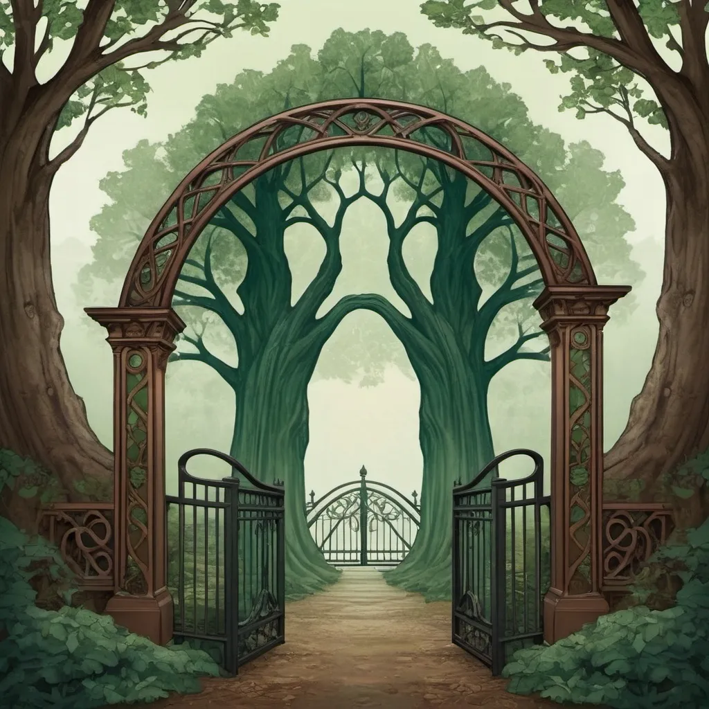 Prompt: Create an image that represents the scenario described below: Crossing the First Threshold (The Tree - A Árvore)

Style: Art Nouveau
Colors: Deep greens and dark browns
Symbols: Gate, bridge, mystical portal
Description: A tree at the edge of a forest with a gate or bridge, symbolizing the transition into a new realm.
