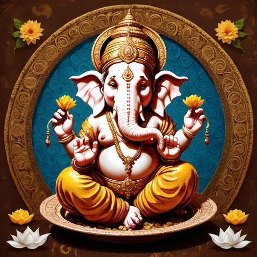 Prompt: Create an image that represents the scenario described below: God Ganesha bringing prosperity, joy and justice, inspired by the works of Van Gogh. Van Gogh's signature elements like intricate patterns, rich use of gold, and detailed decorative backgrounds. Ganesha in a majestic and serene posture, with several arms holding traditional symbols: a lotus flower, a goad (ankusha), a bowl of sweets (modak) and a conch shell. His vehicle, the rat, nearby. Include traditional Hindu motifs such as the Om symbol, peacock feathers, and other important aspects of the Ganesha myth. Harmonious and striking composition, with Van Gogh's ornamental and symbolic aesthetics.