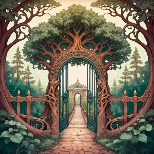 Prompt: Create an image that represents the scenario described below: Crossing the First Threshold (The Tree - A Árvore)

Style: Art Nouveau
Colors: Deep greens and dark browns
Symbols: Gate, bridge, mystical portal
Description: A tree at the edge of a forest with a gate or bridge, symbolizing the transition into a new realm.