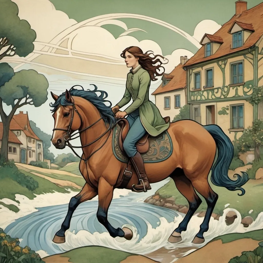 Prompt: Create an image that represents the scenario described belowThe Ordinary World (The Rider - O Cavaleiro)

Style: Art Nouveau
Colors: Soft earth tones (browns, greens, and blues)
Symbols: Hero on horseback, village, animals
Description: A hero on horseback, set against a village scene with flowing lines depicting movement.