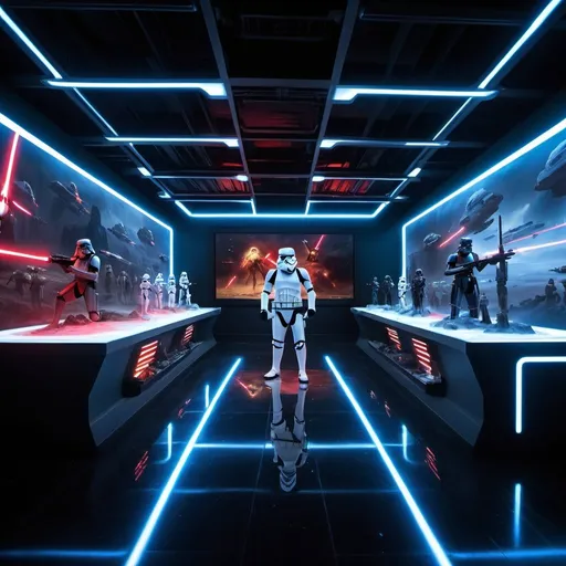 Prompt: Star Wars Battlefront in a showroom full of LED luminaries, futuristic sci-fi setting, high-tech display, epic battle scene, intense laser beams, detailed stormtroopers, glowing lightsabers, highres, ultra-detailed, sci-fi, futuristic, LED luminaries, battle scene, intense laser beams, detailed stormtroopers, epic, professional lighting