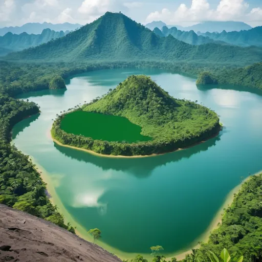 Prompt: beach on a lake on the top of a flat mountain top overlooking lush jungles that surround the mountain top