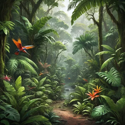 Prompt: Realistic rainforest scene, lush green foliage, vibrant and diverse wildlife, high-quality realism, detailed textures, rich color palette, naturalistic lighting, tropical paradise, realistic depiction, high-res, ultra-detailed, rainforest, wildlife, vibrant, lush, naturalistic, detailed textures, rich colors, tropical, paradise, realistic style, realistic lighting