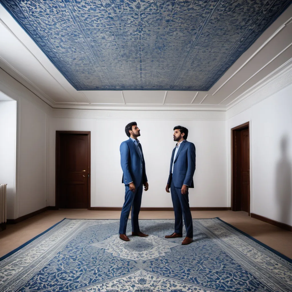 Prompt: two men standing in a room with a carpet and a ceiling with a blue and white pattern on it, Anthony Devas, samikshavad, action, a picture