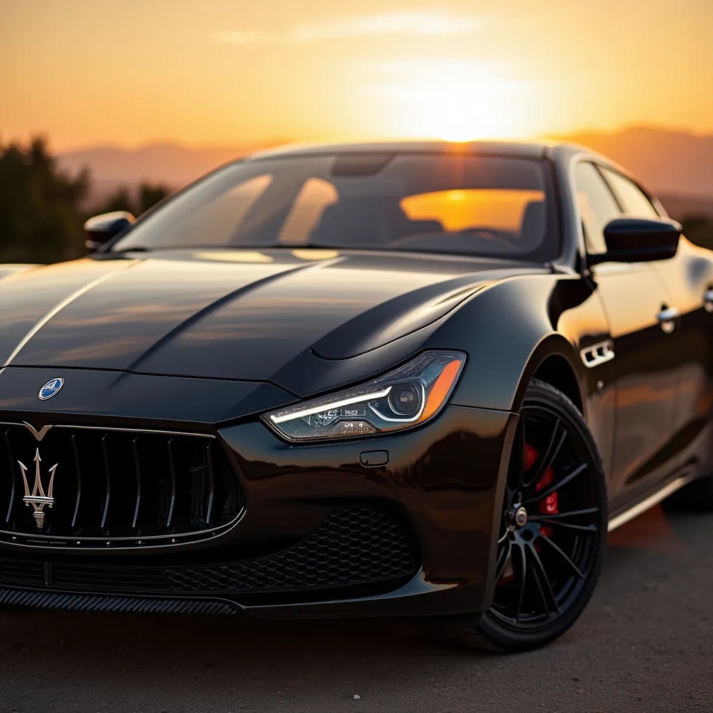 Prompt: Luxurious Maserati Quattroporte, striking carbon fiber accents, beautifully crafted exterior, set against stunning Italian landscape, warm sunset hues bathing the vehicle, emphasizing sleek lines and elegant design, rich textures, inviting ambiance, ultra-detailed, high-quality 4K, showcasing automotive beauty and Italian craftsmanship, captivating atmosphere with a touch of high-end sophistication.