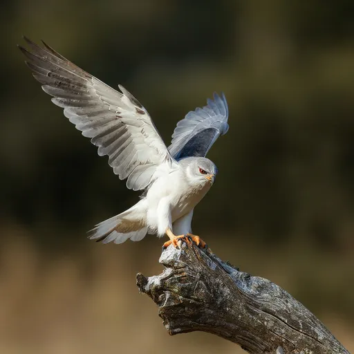 Prompt: This photograph captures a Black-winged Kite in mid-flight, just as it is about to land on a weathered, gray-brown tree branch. The Black-winged Kite's wings are fully spread, showcasing a gradient of gray and white feathers with dark tips on the outer edges. Its body is predominantly white with gray on the wings and head, and it has a distinct black stripe running from its eyes to the back of its head. The Black-winged Kite's beak is yellow with a black tip, and its feet are orange with black talons. The Black-winged Kite's right talon is already gripping the branch, while its left talon is extended forward, preparing to land. The background is blurred, featuring muted green and brown hues, indicating a natural, outdoor setting. The light source is natural sunlight, highlighting the Black-winged Kite's feathers and the texture of the tree branch. The photograph is sharply focused on the Black-winged Kite and branch, with a shallow depth of field that blurs the background, drawing attention to the Black-winged Kite in action. The overall composition conveys a sense of movement and precision in the Black-winged Kite's landing.
