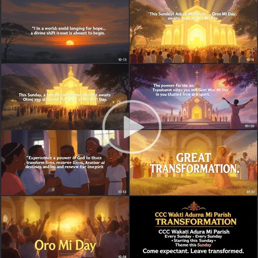 Prompt: Prompt for Kling AI (60s animated video):

Scene 1 (0–10s): A quiet, darkened village morning. The sun begins to rise slowly over the land. A gentle voice narrates:
"In a world longing for hope… a divine shift is about to begin."

Scene 2 (10–20s): Transition to the CCC Wakati Adura Mi Parish, glowing with heavenly light. People from all walks of life begin gathering with anticipation.
"This Sunday, a sacred encounter awaits you at Oro Mi Day."

Scene 3 (20–35s): Scenes of worship, healing, and prayers. Chains breaking, hearts lifted, and joyful transformation unfolding.
"Experience the power of God to transform lives, restore destinies, and renew your spirit."

Scene 4 (35–50s): Bold text appears:
"GREAT TRANSFORMATION"
“CCC Wakati Adura Mi Parish invites you to Oro Mi Day – a divine appointment for change.”

Scene 5 (50–60s): Fade in the church location, time, and date:
📍 CCC Wakati Adura Mi Parish
🕘 Every Sunday – Starting this Sunday
🎯 Theme: Great Transformation

Voiceover ends: "Come expectant. Leave transformed."