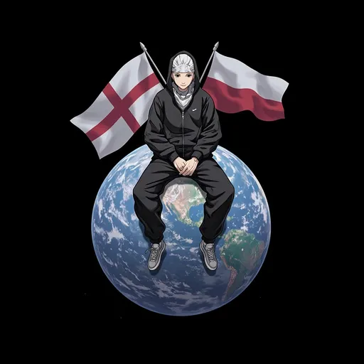 Prompt: "Create an anime-style banner with a plain black background. In the center, show a white-skinned Polish young man sitting on the full planet Earth viewed from space (not a globe). He should be wearing a black Nike Tech Fleece tracksuit, with the hood up and a durag underneath. His pose should be relaxed, like a rapper chilling—confident, laid-back expression (not smiling, not too serious).

Keep the character at a normal size, but make the England and Poland flags in the background larger and more prominent. Only use one England flag and one Poland flag (no duplicates), and they should be clearly visible without poles, flowing or positioned in a clean way. The art style should be anime-inspired or semi-cartoon, not realistic
