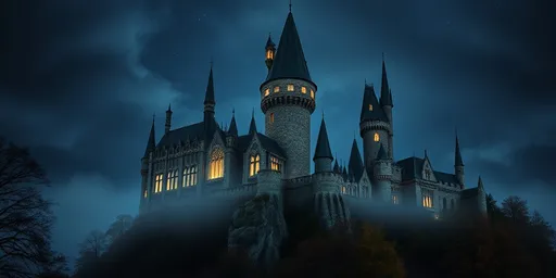 Prompt: hogwarts castle at night with windows light up.  In the fall with mystic fog, stars and clouds.