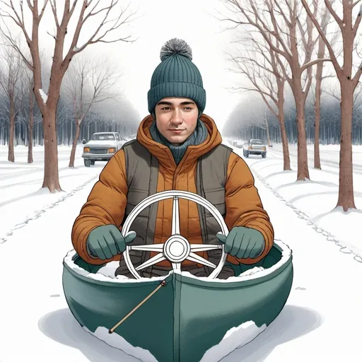 Prompt: drawing of someone driving a canoe in winter gear while holding a round steering wheel