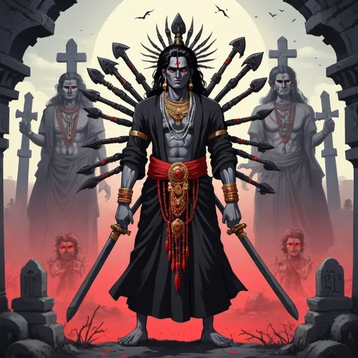 Prompt: An god wearing a pure black coat with red eyes and kureas coma hairstyle black hair with 24 arms with each one holding ancient Indian devine weapons..  he is standing in a very old village like graveyard. The image style needs to be handdrawned