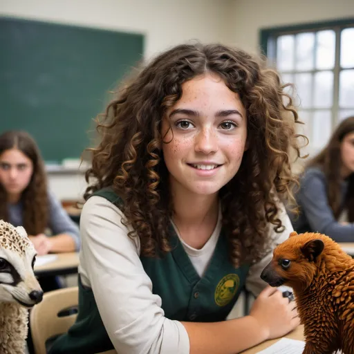 Prompt: A woman with curly dark brown hair, brown eyes and freckles, who is in college in a biology classroom with animals