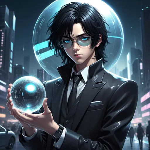 Prompt: cool-toned anime illustration of a stylish boy, long black hair, futuristic sci-fi setting, shining glasses, holding a sparkling round object, black suit, detailed eyes, urban cyberpunk, sleek design, best quality, highres, ultra-detailed, anime, sci-fi, cool tones, futuristic, detailed hair, stylish outfit, professional, atmospheric lighting