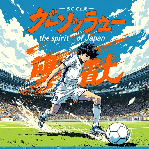 Prompt: Design an impactful graphic that celebrates the energetic spirit of soccer, inspired by the iconic anime "Captain Tsubasa." At the center, feature a dynamic soccer player in a white uniform with blue stripes, captured mid-action kicking a soccer ball with incredible force. Highlight motion lines to emphasize speed and movement, creating a sense of intensity and focus. Surround the player with a vivid stadium backdrop, packed with enthusiastic fans under a clear blue sky, symbolizing the unity and excitement of the sport. Incorporate a bold Japanese text overlay that complements the vibrant anime aesthetic, showcasing the cultural significance of soccer in Japan. Use a striking color palette to draw attention and make the graphic visually unforgettable.
