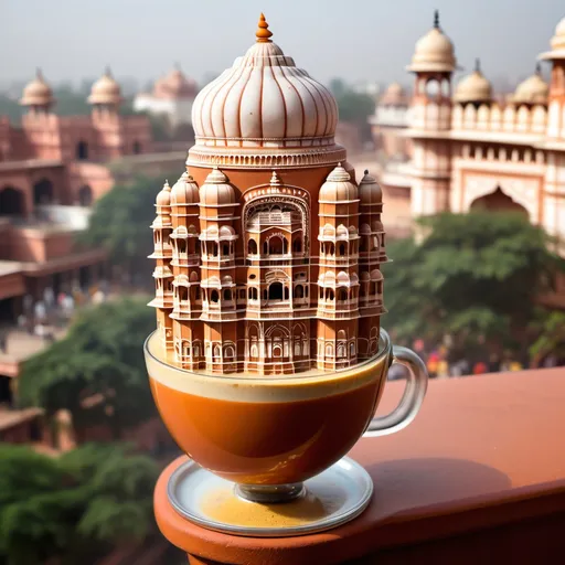 Prompt: A miniature Hawa Mahal, the iconic Indian palace, seems to playfully perch on the rim of a colossal, steaming glass of Masala Chai.