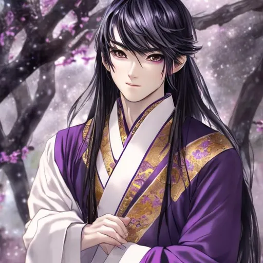 Prompt: Anime art, he is wearing Traditional Chinese hanfu. He has a beautiful eyes like girl,  sharp nose with balance facial features, confident facial expression. He has long and dense hair 
High drawing details for eyes and facial expressions 
High details for his long, dense untied hair 
High details for his muscular body . His body is slim and fit. 
HD for fairy lights, with purple sky background 
