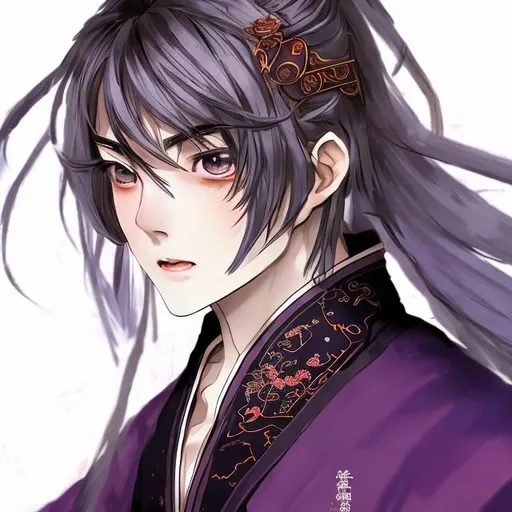 Prompt: Anime art, he is wearing Traditional Chinese hanfu. He has a beautiful eyes like girl,  sharp nose with balance facial features, confident facial expression. He has long and dense hair 
High drawing details for eyes and facial expressions 
High details for his long, dense untied hair 
High details for his muscular body . His body is slim and fit. 
HD for fairy lights, with purple sky background 
