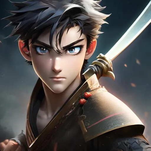 Prompt: 1 boy is fighting with swords, handsome, frontal-close up, beautiful animated eyes, high eye’s details, high animated aesthetic feminine facial features, high details and high qualities. Showing full body
Please draw nicely 
你画得很丑啊， 能不能在画得美一点， 画漫画, 男孩长发