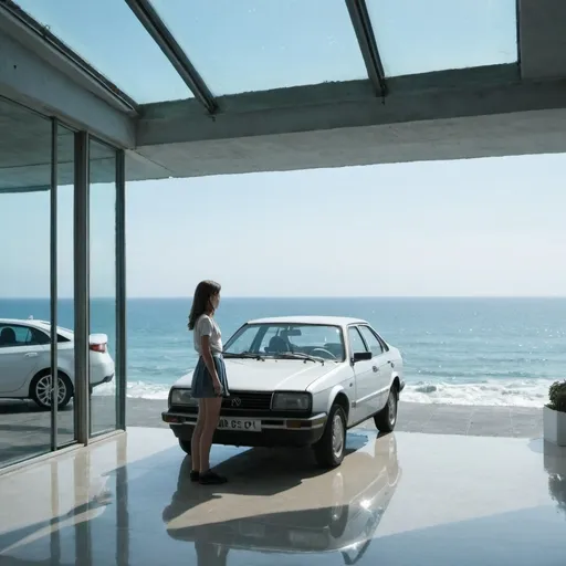 Prompt: A girl standing in a glass room overlooking a sea with a car packed beside it.