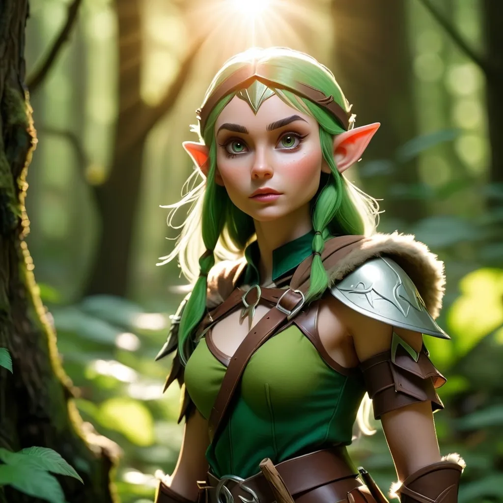 Prompt: Elf ranger in a mystical forest around sunlight