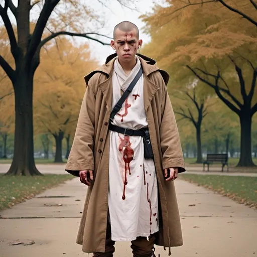 Prompt: An angry teenage warrior monk with acne, wearing stained white robes underneath a ripped brown trenchcoat. He has large boots. There is blood on his face. He is talking on a radio. He is standing in a park.