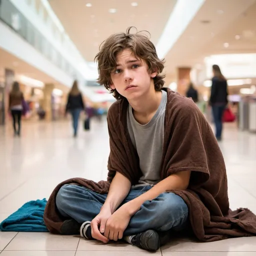 Prompt: A young teenage boy with messy brown hair that's getting too long is sitting on the floor of a mall. He has a blanket.