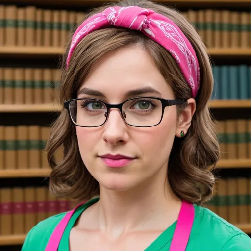 Prompt: A librarian valkyrie with brown hair, glasses, a green blouse, and a hot pink bandana headband.