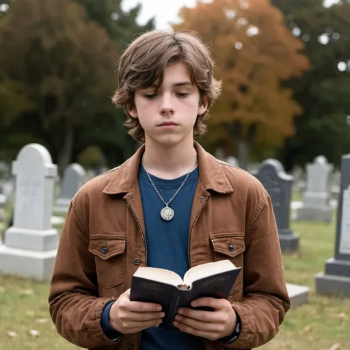 Prompt: A young teenage boy with messy brown hair that's getting too long. He has a brown jacket, dark blue jean pants, and a small silver medallion necklace. He is holding a book. He is standing in a cemetery. He looks like he is daydreaming.
