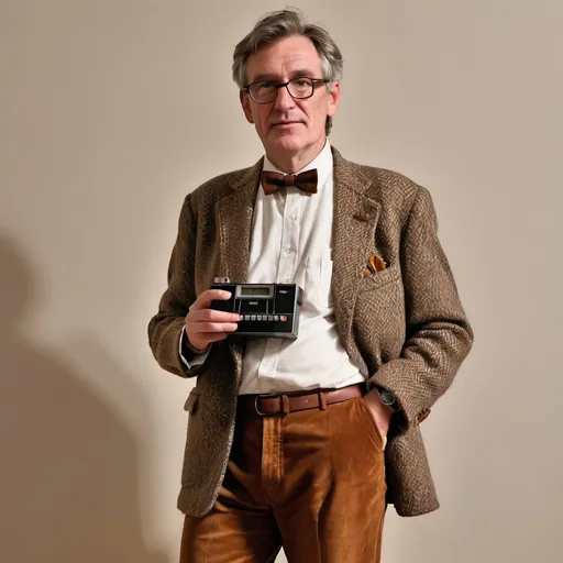 Prompt: A middle-aged professor in a tweed jacket, white shirt, brown bowtie, brown pants, and leather shoes. He is holding an audio recorder.