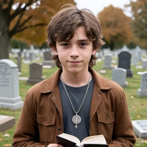 Prompt: A young teenage boy with messy brown hair that's getting too long. He has a brown jacket, and a small silver medallion necklace. He is holding a book. He is standing in a cemetery. He has a tiny smile.