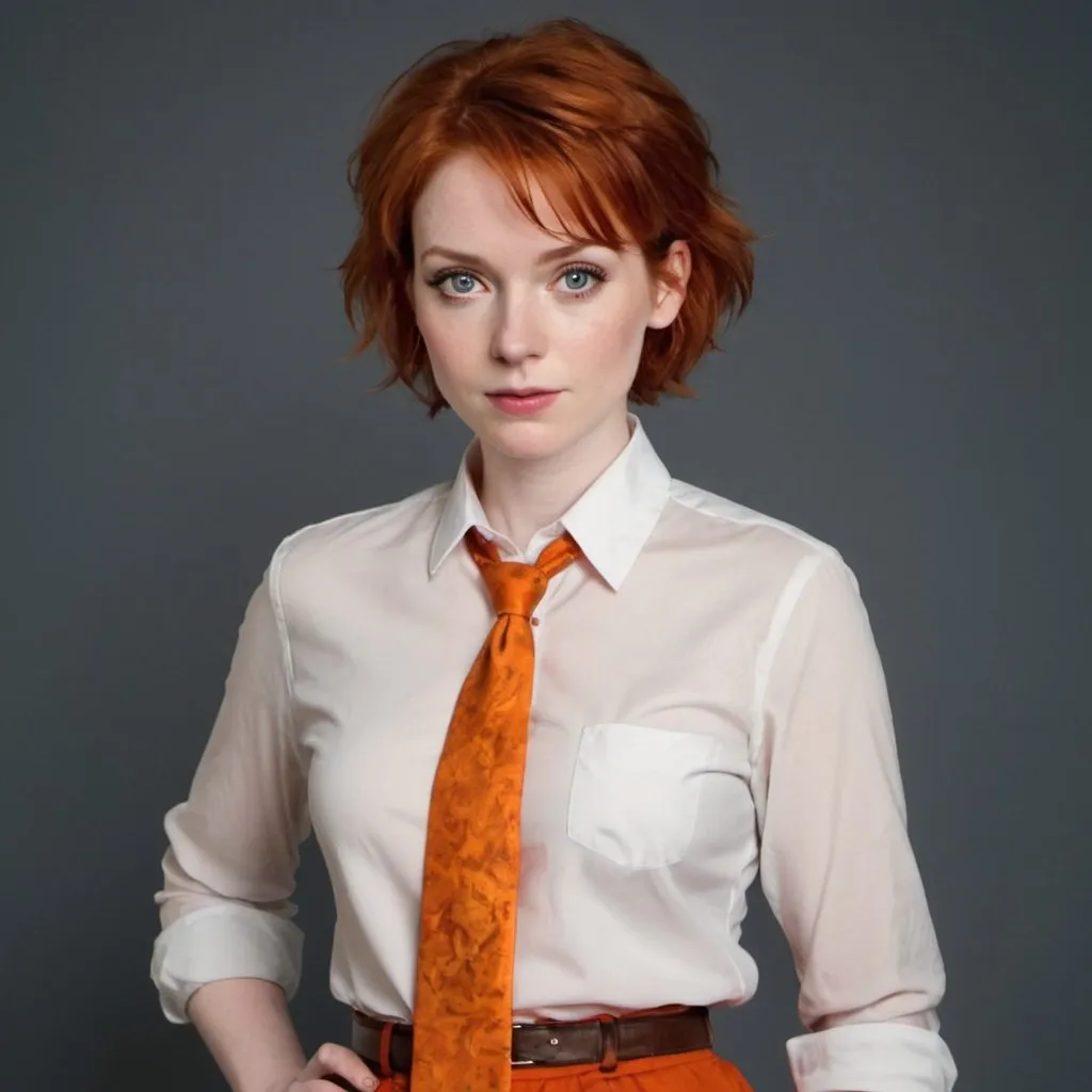 Prompt: A sly woman with pale skin, grey eyes, and short messy red hair. She is wearing an orange tie, a white blouse, a dark orange skirt, and brown boots.