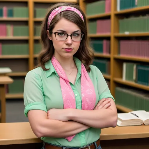 Prompt: A sassy, sarcastic, young woman librarian with brown hair, a pink bandana headband, and a pale green blouse.