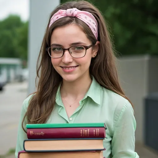 Prompt: A young woman with long brown hair, a pink bandana headband, glasses, a pale green blouse, a brown skirt. She is carrying a stack of books. She is smirking.