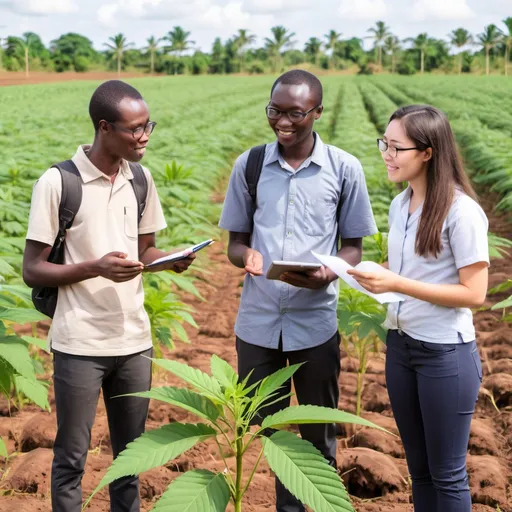 Prompt: 3 students - one African, one Asian, one European- discussing agricultural research in a research field of cassava
