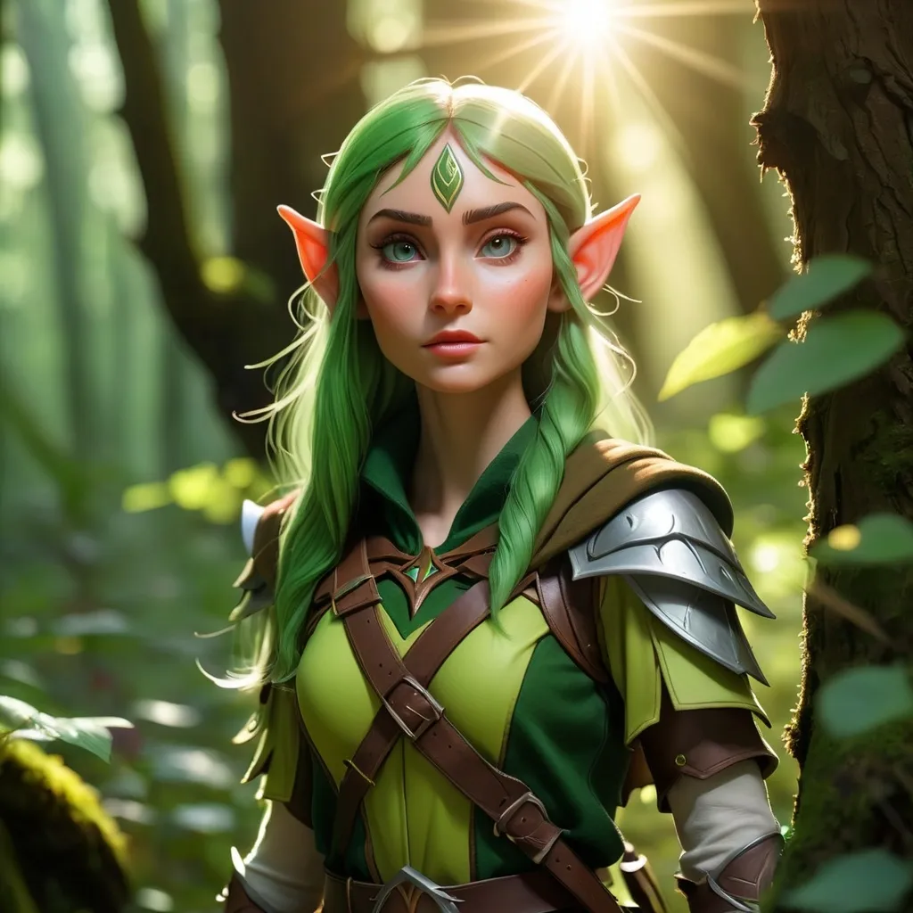 Prompt: Elf ranger in a mystical forest around sunlight