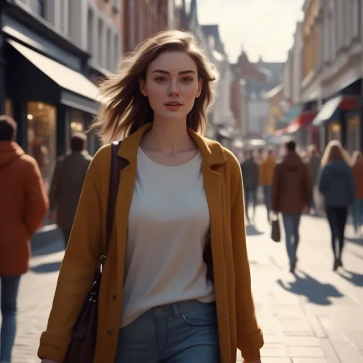 Prompt: (tall young woman), walking down the high street, (realistic details), stylish clothing, natural lighting, dynamic scene, lively street ambiance, onlookers in the background, capturing everyday life, warm tones, high-quality, vibrant atmosphere, (4K) ultra-detailed depiction, showcasing urban lifestyle.