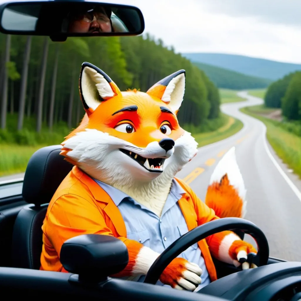 Prompt: A fat fox anxiously driving a car on a rural highway